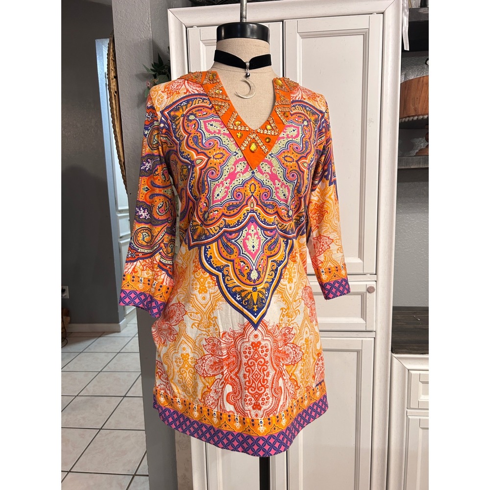 Paisley Beaded V-Neck Tunic Top Orange Pink 3/4 Sleeve xsmall Indie Boho